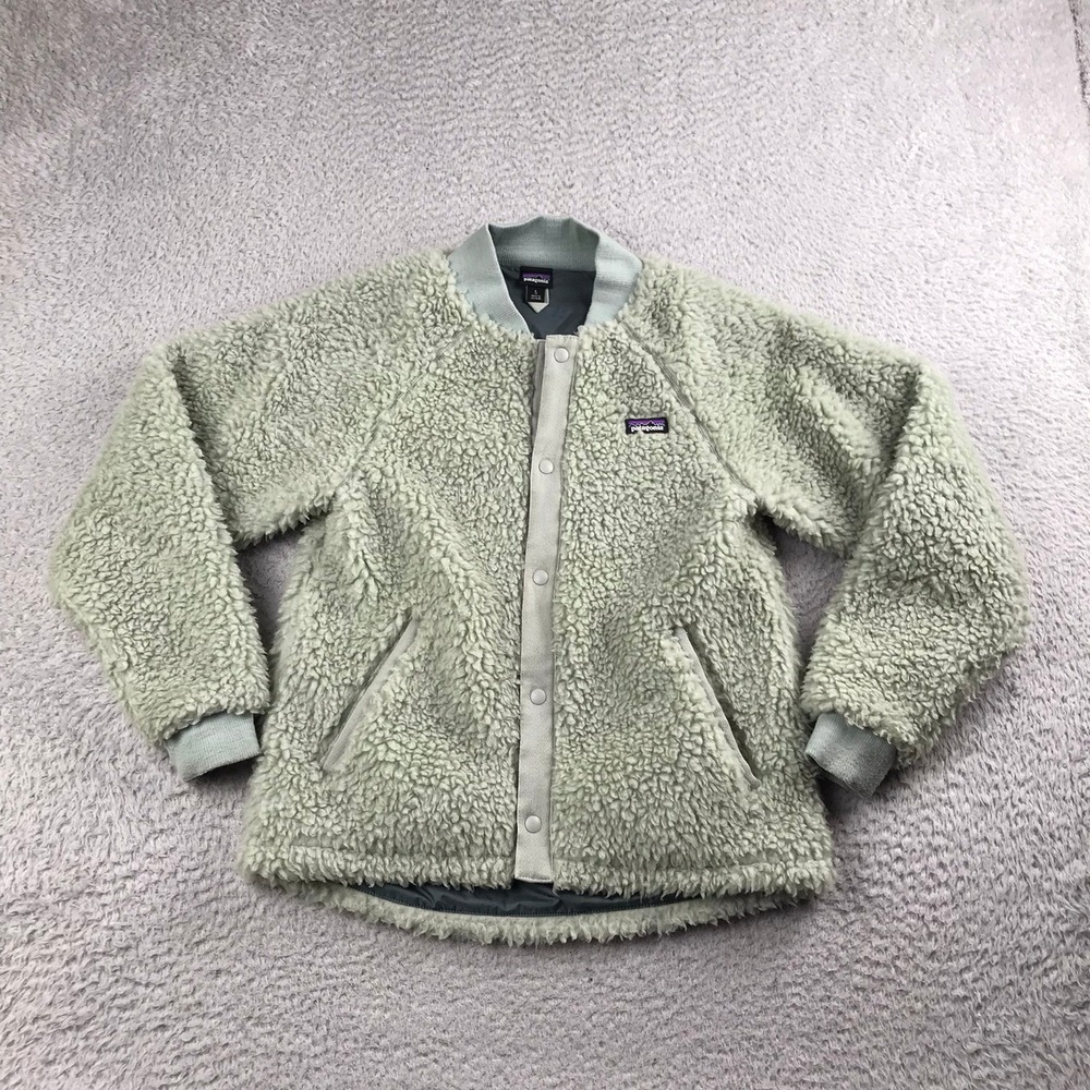 Patagonia Retro-X Fleece Bomber Jacket Girls L 12 Sage Green Sherpa Snap Front